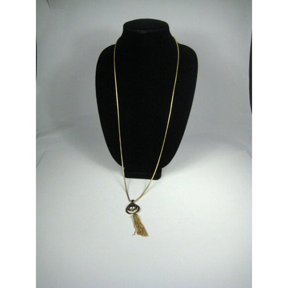 Goldtone Tassel Pendant Necklace 32 In Omega Chain Statement Modern Upcycled - Picture 2 of 5